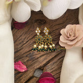 Vriksham Antique Green Kemp Stone Earrings-Off White Bead-Green Pearls-G16654